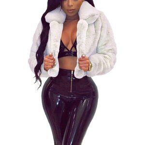 〽️Womens Cream Ramoug Winter Faux Fur Cropped Shaggy Open Front Jacket